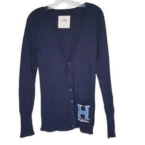 Y2K Hollister Cardigan Sweater Navy Blue Preppy Logo Letterman Varsity Medium